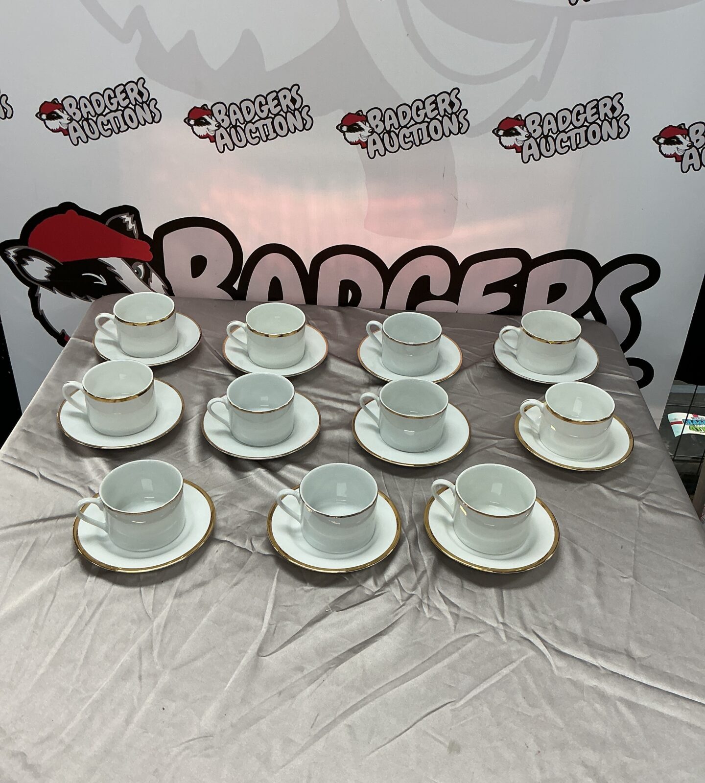 Vintage Harmony China cups and saucers set displayed on a table.