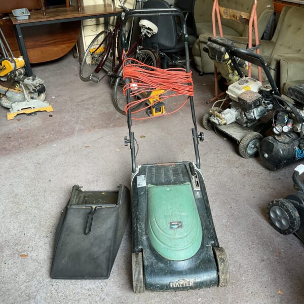 Hayter Spirit 41 electric lawn mower in working condition, garden tool.