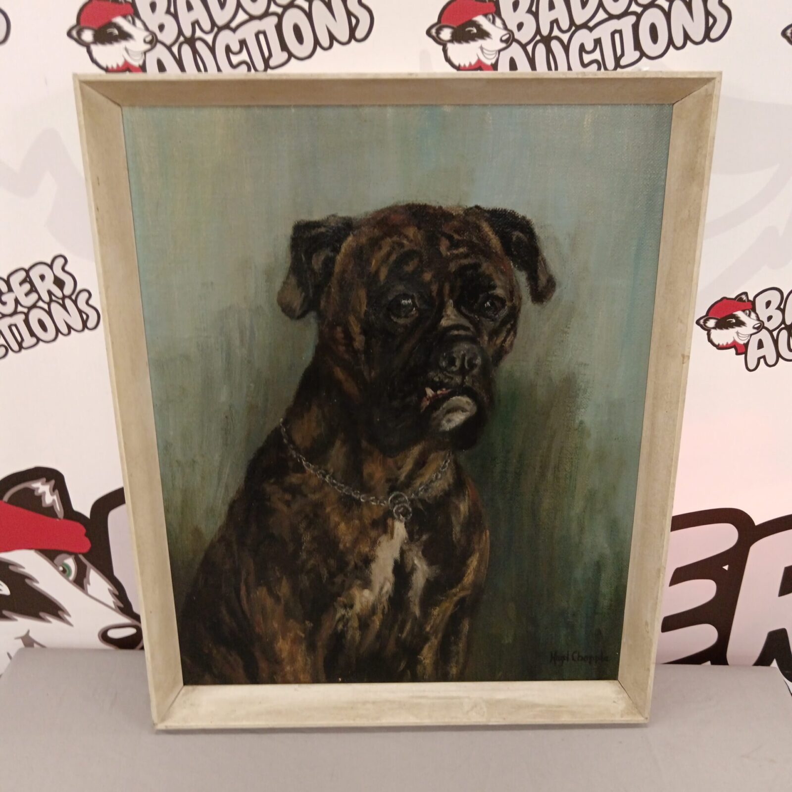 Vintage oil painting of a boxer dog by Hazel Chapple.