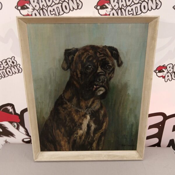 Vintage oil painting of a boxer dog by Hazel Chapple.