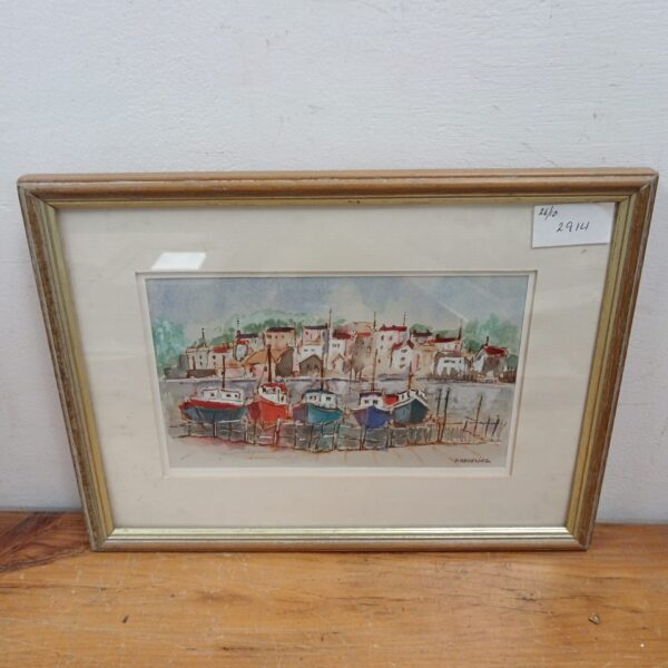 Original Helga Hanfling watercolour painting of a vibrant harbour scene.