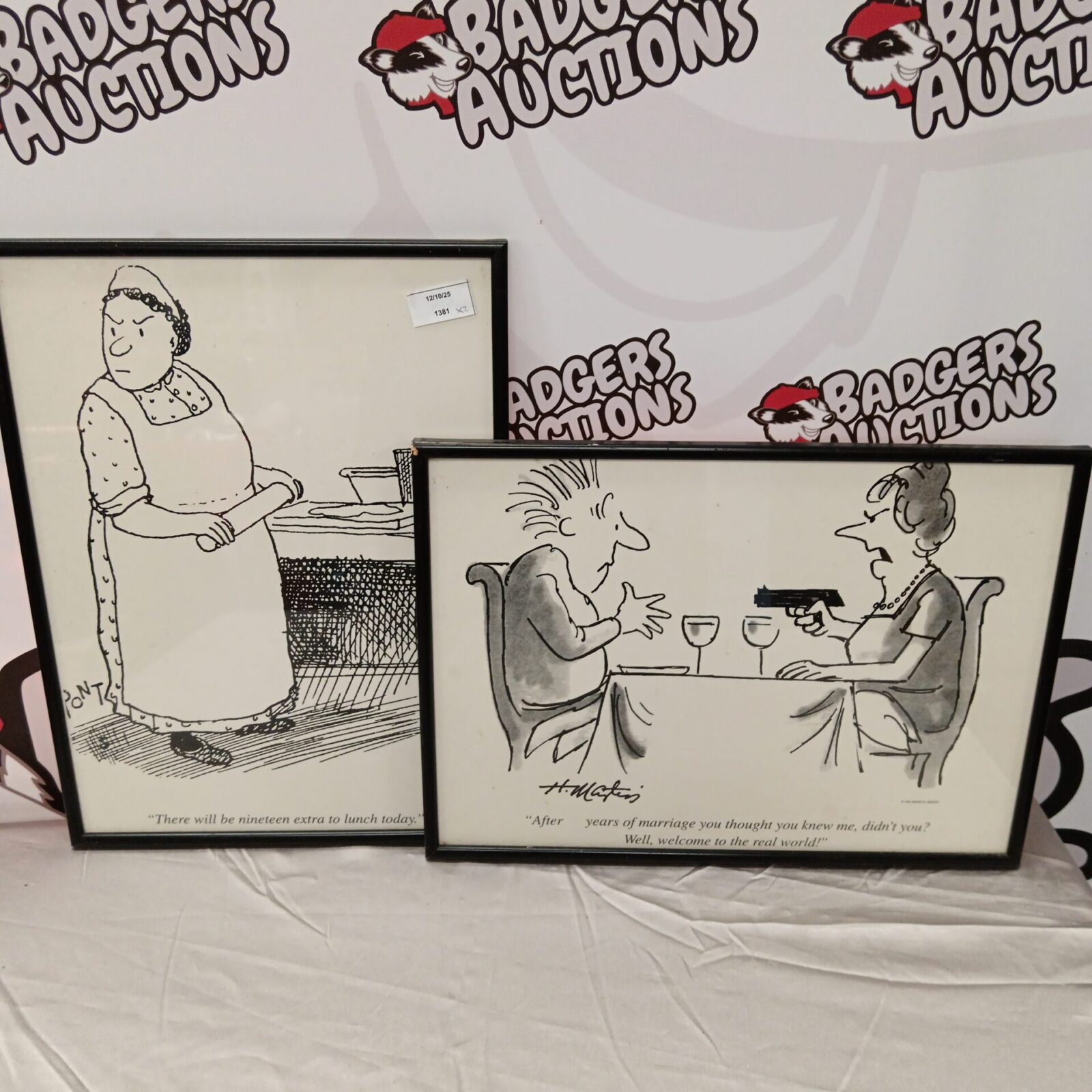 Pair of framed Henry R Martin humorous cartoon prints.