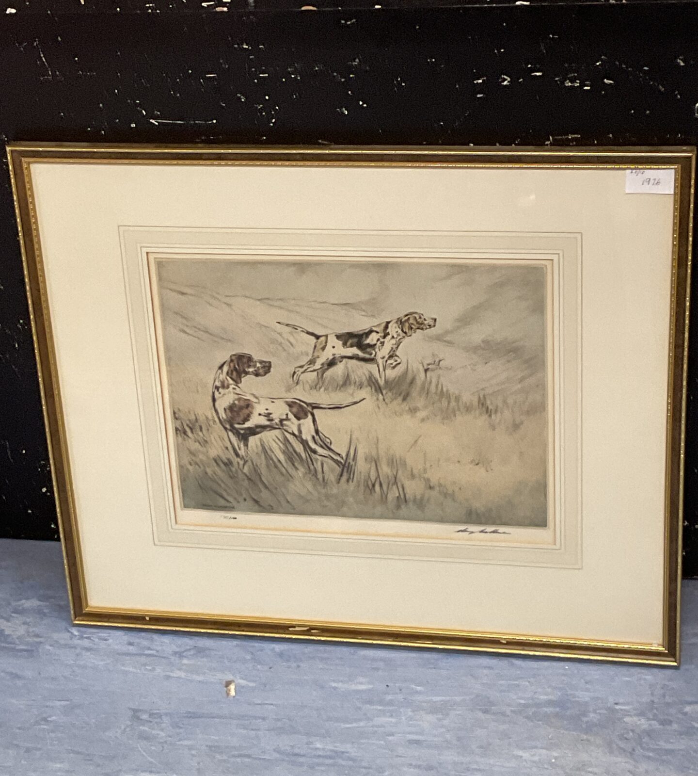 Signed limited edition Henry Wilkinson etching of pointer dogs in a field.
