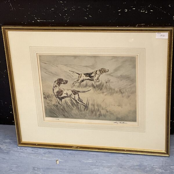 Signed limited edition Henry Wilkinson etching of pointer dogs in a field.