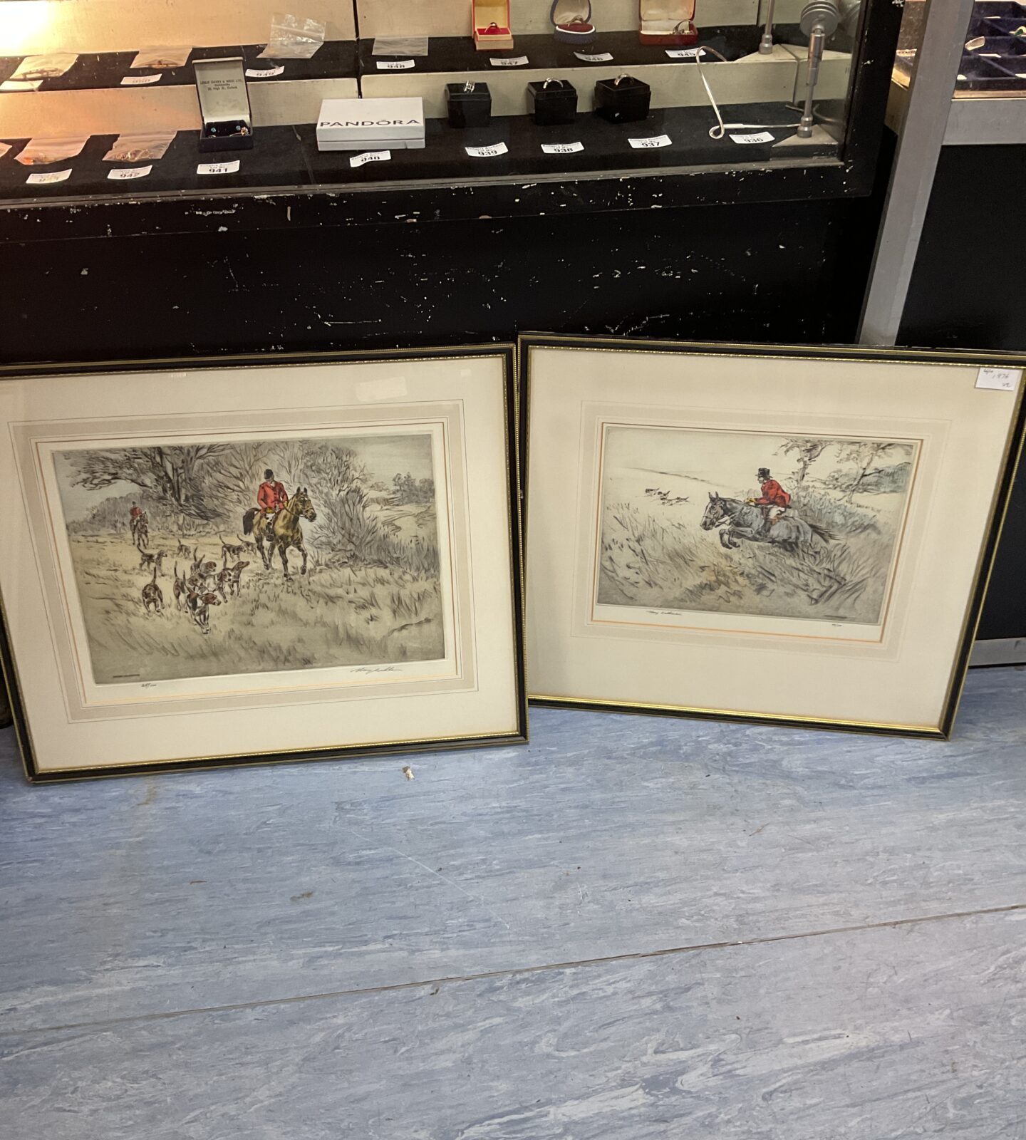 Signed pair of Henry Wilkinson hunting etchings, limited edition wildlife art.