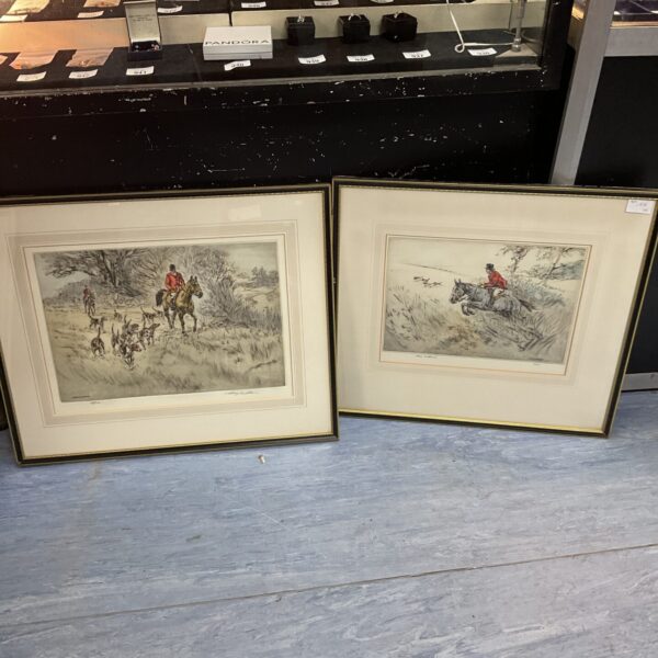 Signed pair of Henry Wilkinson hunting etchings, limited edition wildlife art.