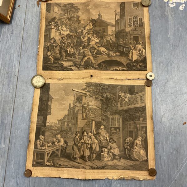 Antique William Hogarth print, "Chairing the Members", 1758.