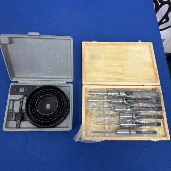 Comprehensive hole saw blade set with square drill bits in a case.
