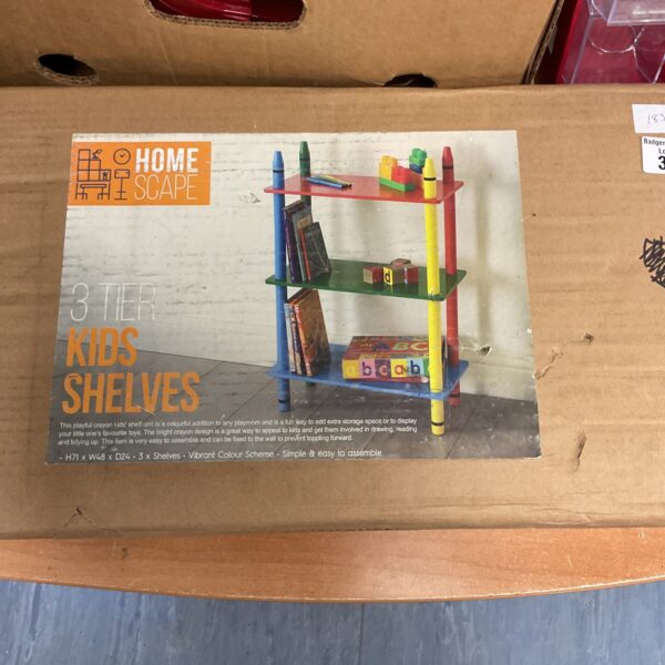 Colourful 3 tier kids bookcase from Home Scale for playroom storage.