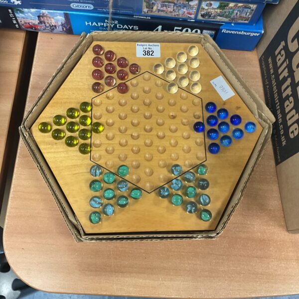 Vintage House of Marbles Chinese Chequers set with colourful marbles.