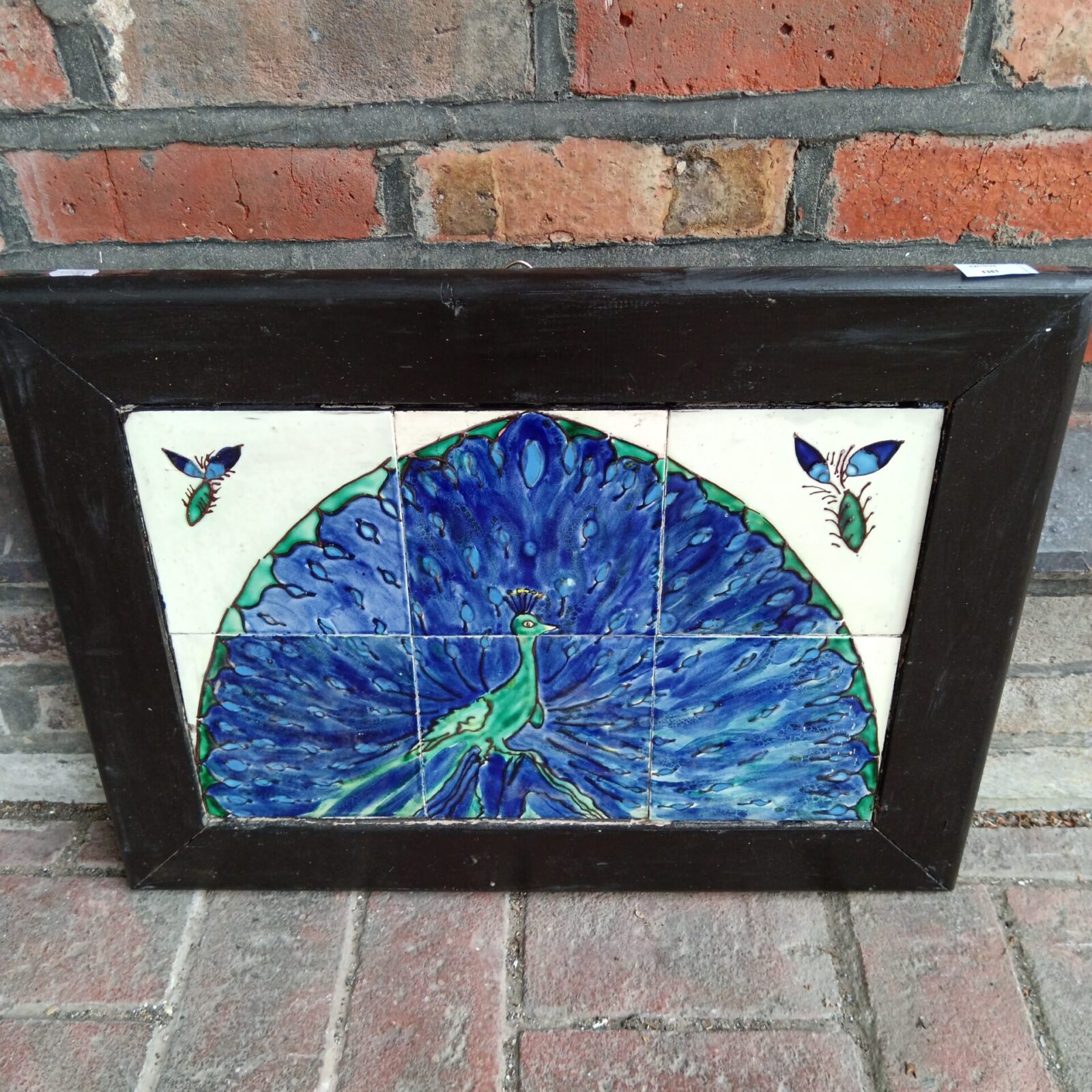 Vintage HR Johnson peacock tile panel, Art Deco ceramic wall art.