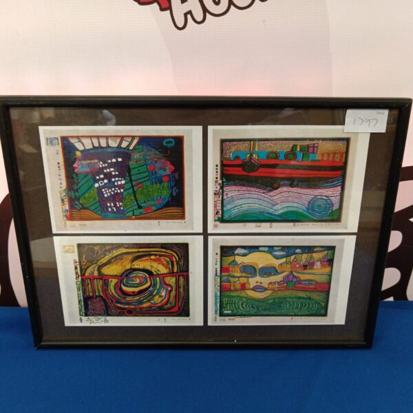 Framed set of four colourful Hundertwasser prints for vibrant wall decor.