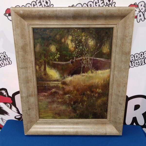 Front view of Ian R Murray pooh sticks painting with a detailed landscape.