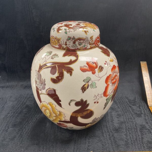 Vintage Mason's Ironstone ginger jar with brown velvet pattern for collectors.