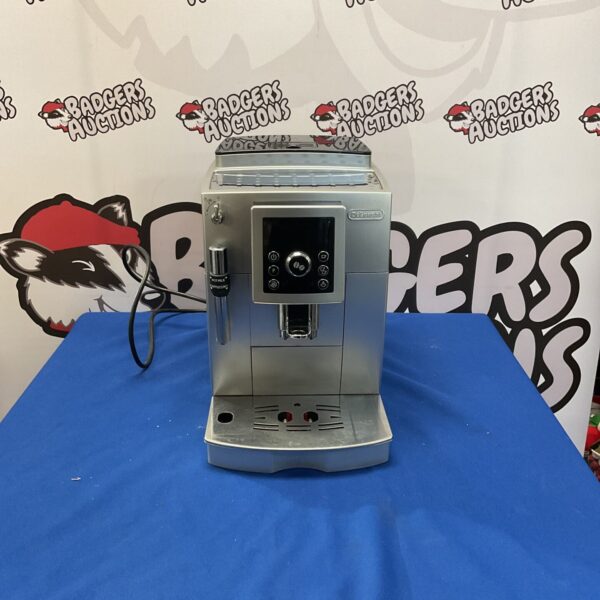 Front view of a silver DeLonghi coffee machine.