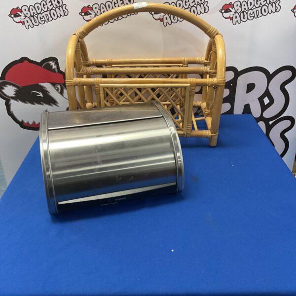 Vintage wicker bread bin and magazine rack set for retro kitchen storage.