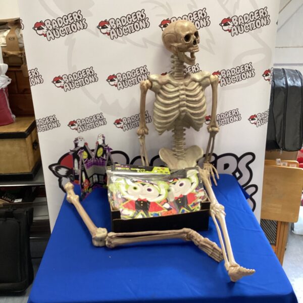 Halloween decorations bundle including a plastic skeleton and display.