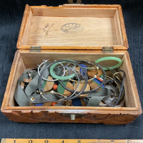 Carved camphor wood jewellery box with contents