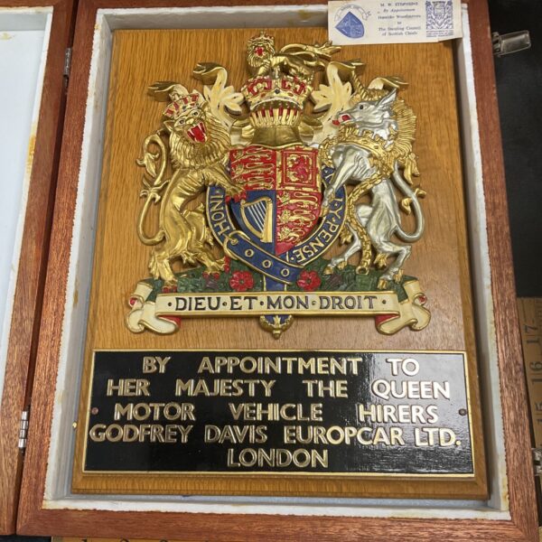 Vintage heraldic motor plaque by M W Stevens with royal warrant.
