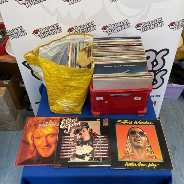 Box of 12” vinyl incl. Elton John and Stevie Wonder with bag of mixed vinyl incl. The Beach Boys