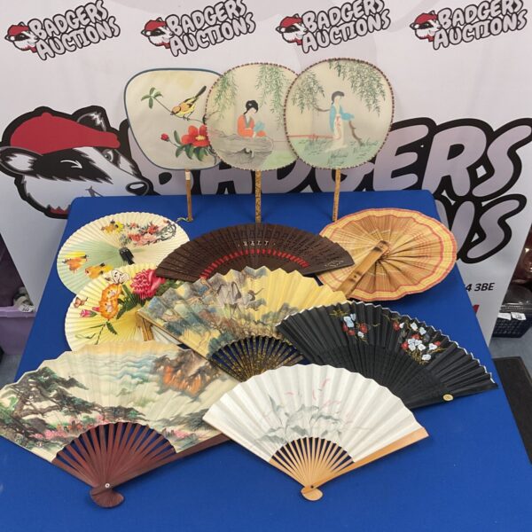 Lot of vintage Oriental hand fans with painted designs.
