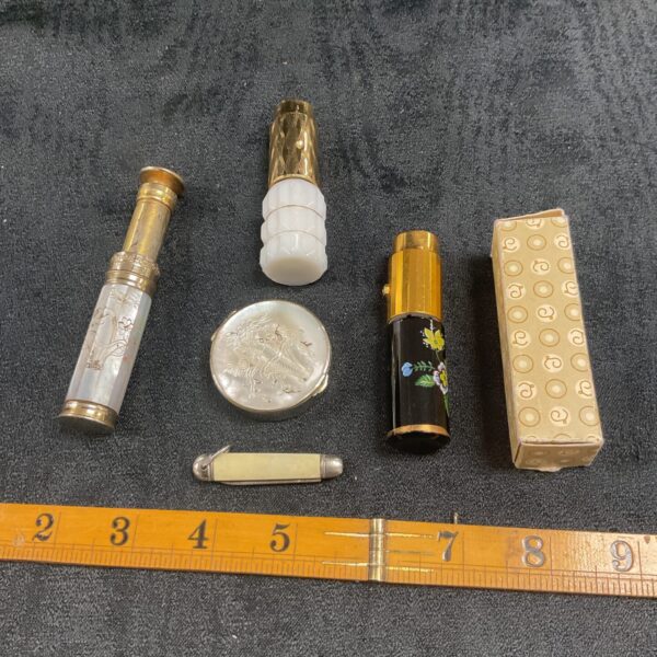 Vintage scent bottles and silver trinket pot, antique collectibles.