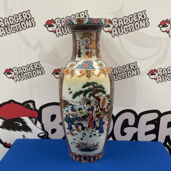 Large hand painted Chinese porcelain vase with detailed scenes.