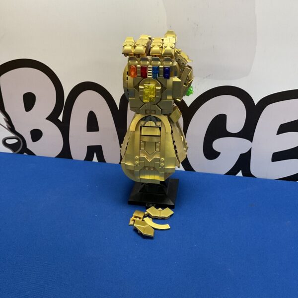 Detailed Lego Infinity Gauntlet display piece from the Marvel Avengers series.