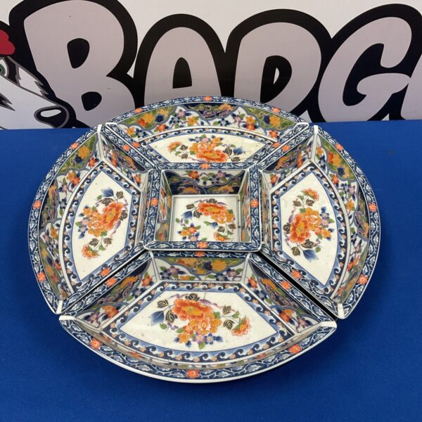 Vintage oriental lazy susan serving platter with colourful design.
