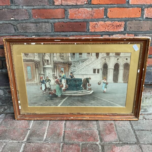 E benvenuti signed watercolour if ladies gathering water from the fountain in the courtyard of the palazzo ducale venice