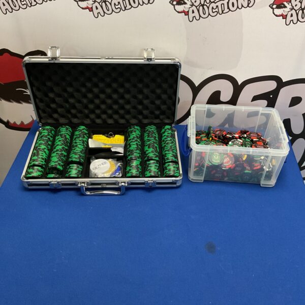 Large poker chip set in a carrying case, mixed denominations.