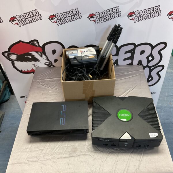 Playstation 2 and Xbox original consoles and Sony video Hi8 camcorder with tripod and more