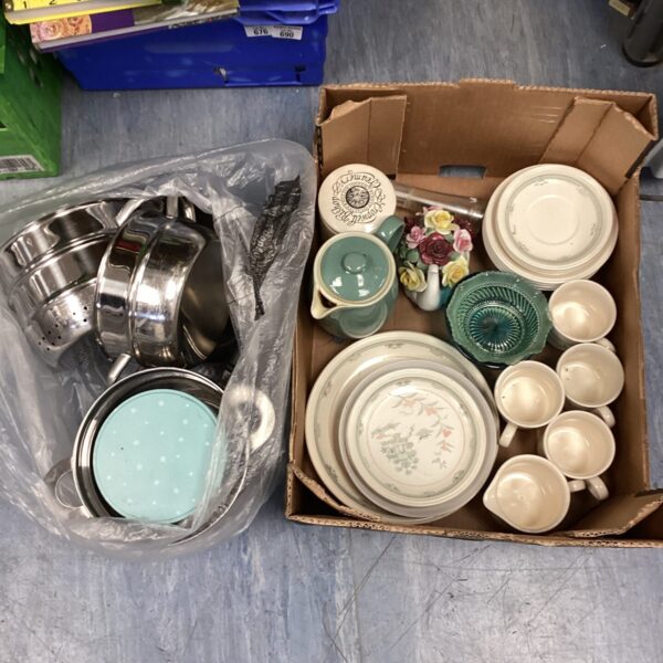 Mixed china and cookware lot including Denby pieces.