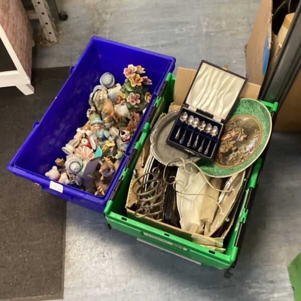 Mixed lot of vintage china figurines and silver plate spoons.