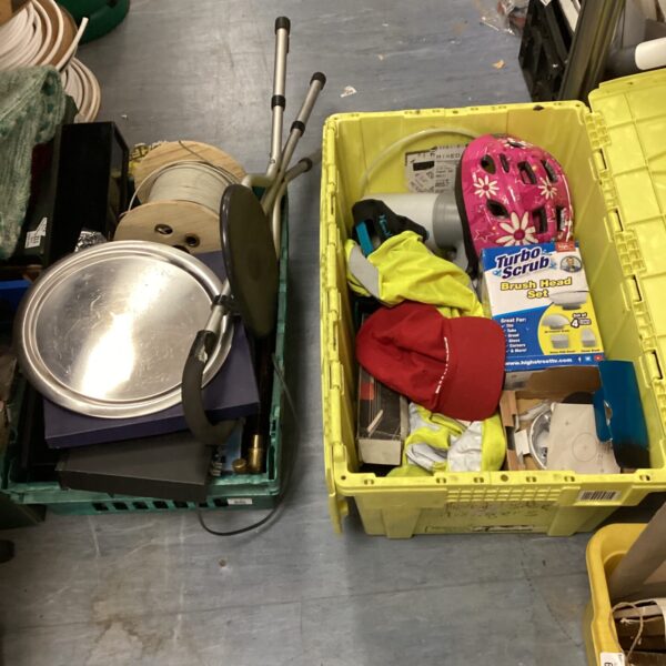 Mixed house clearance lot with soundbar, kitchenware, and cleaning supplies.