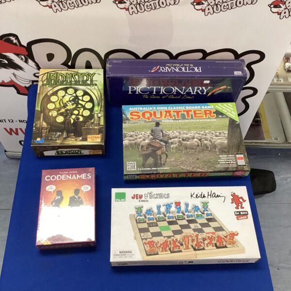 Five board games inc Australia’s own classic board game squatter, codenames, pictionary, industry & jeu d’echecs, Four are new & sealed