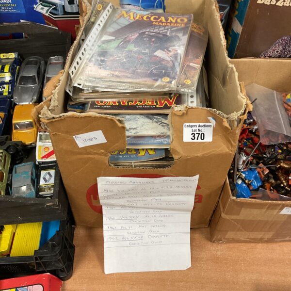 Stack of vintage Meccano magazines from the 1930s and 1940s.