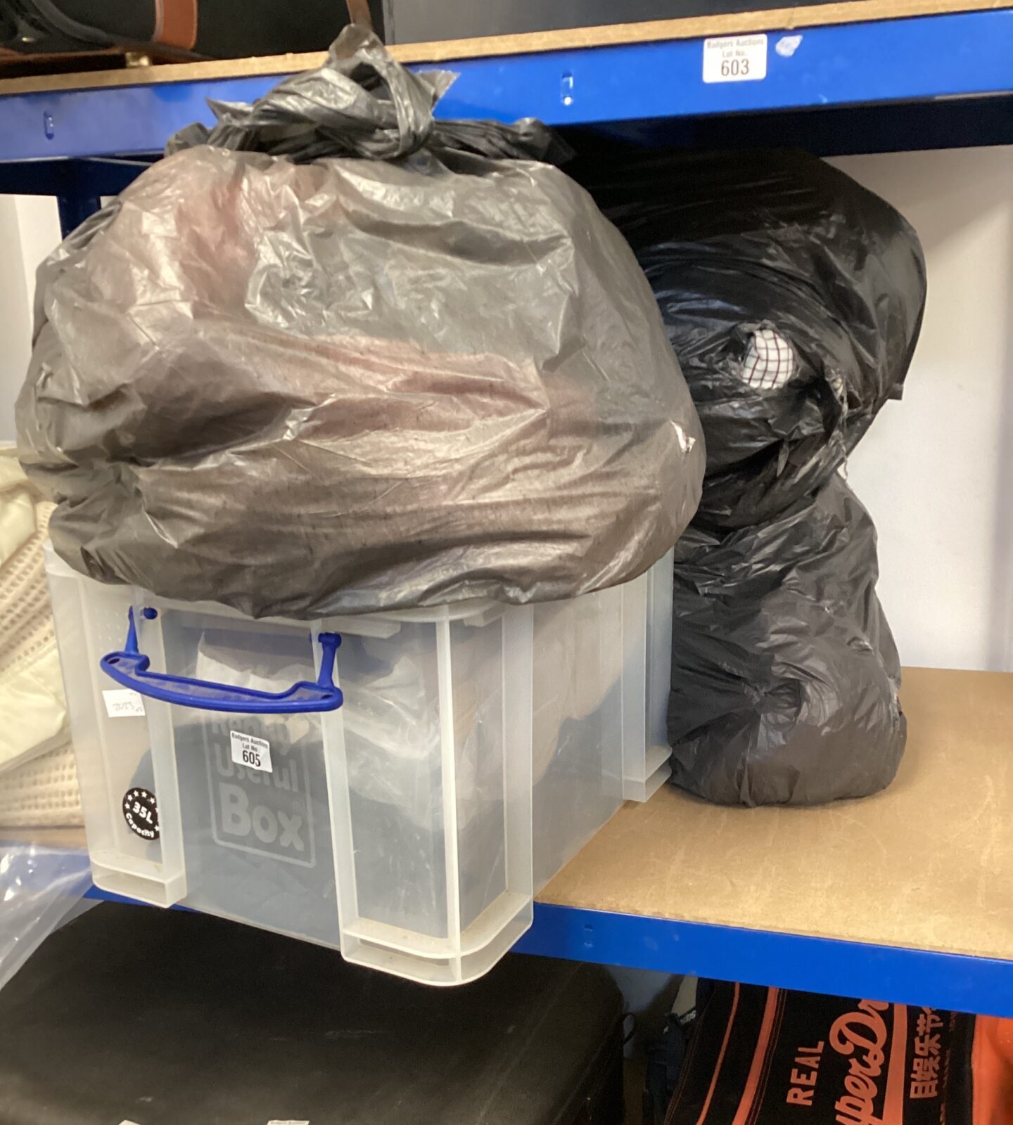 Box & three bin bag full of clothing