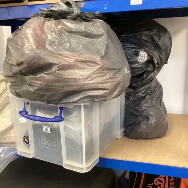 Box & three bin bag full of clothing