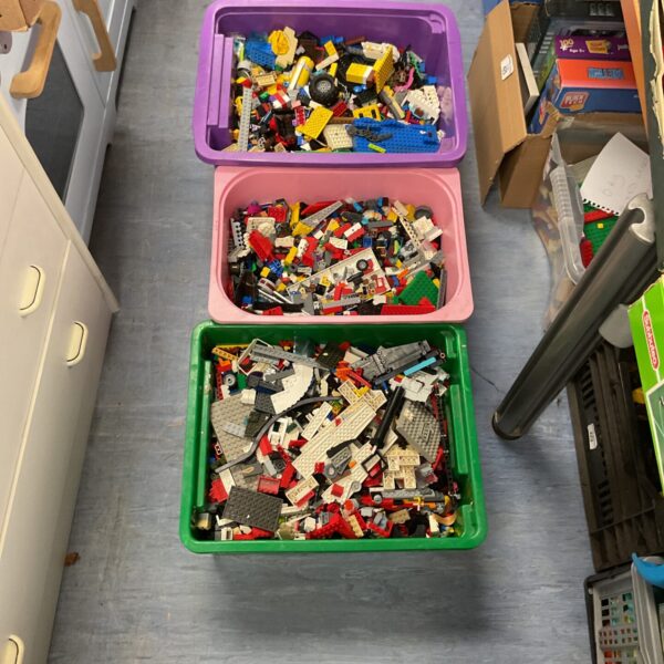 Three boxes of mixed Lego bricks and building blocks.