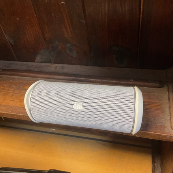 Front view of a compact JBL mini Bluetooth portable speaker.