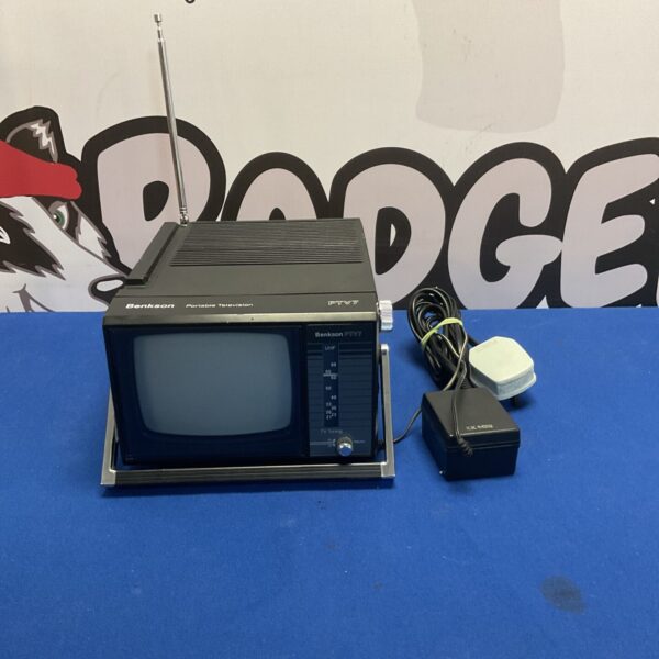 Vintage Benkson PTV7 portable television with antenna extended.