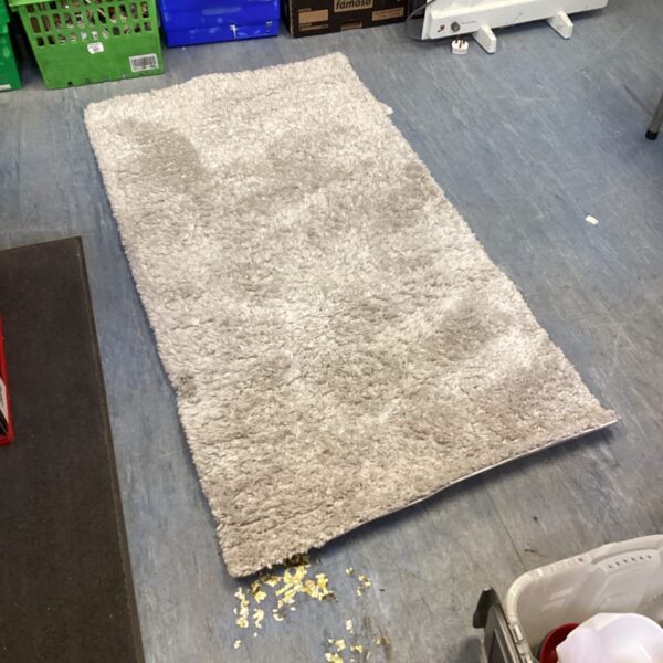Soft grey shag pile rug with visible wear and texture.
