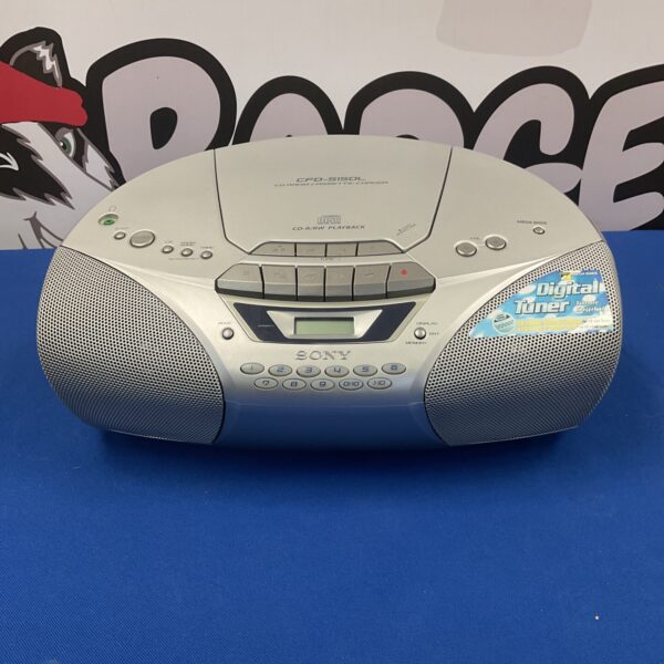 Silver Sony CFD-S150L boombox with CD and cassette player.