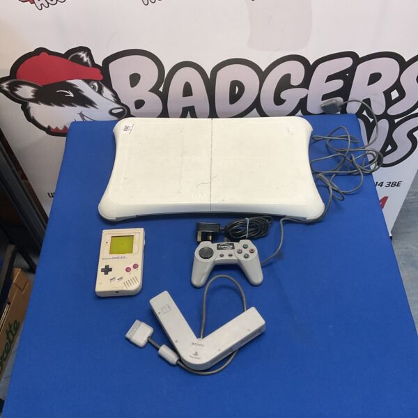 Retro gaming console bundle featuring Nintendo GameBoy and Playstation remote.