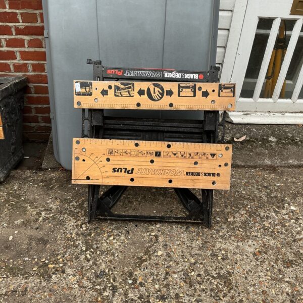 Vintage Black and Decker Workmate portable workbench in used condition.