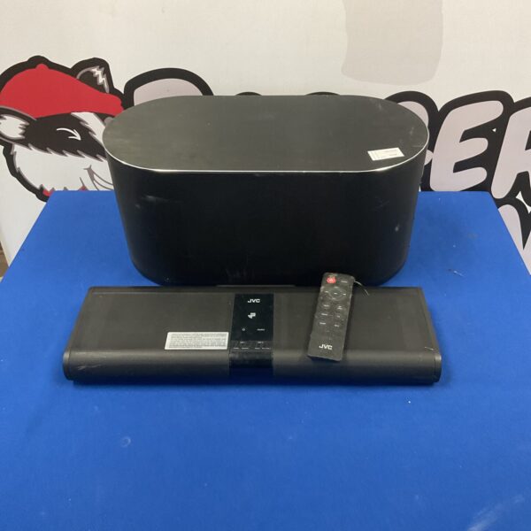 JVC soundbar system with wireless subwoofer and remote control.