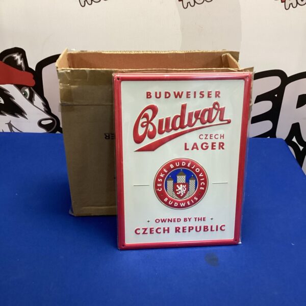 Lot of new Budweiser tin advertising signs for collectors.
