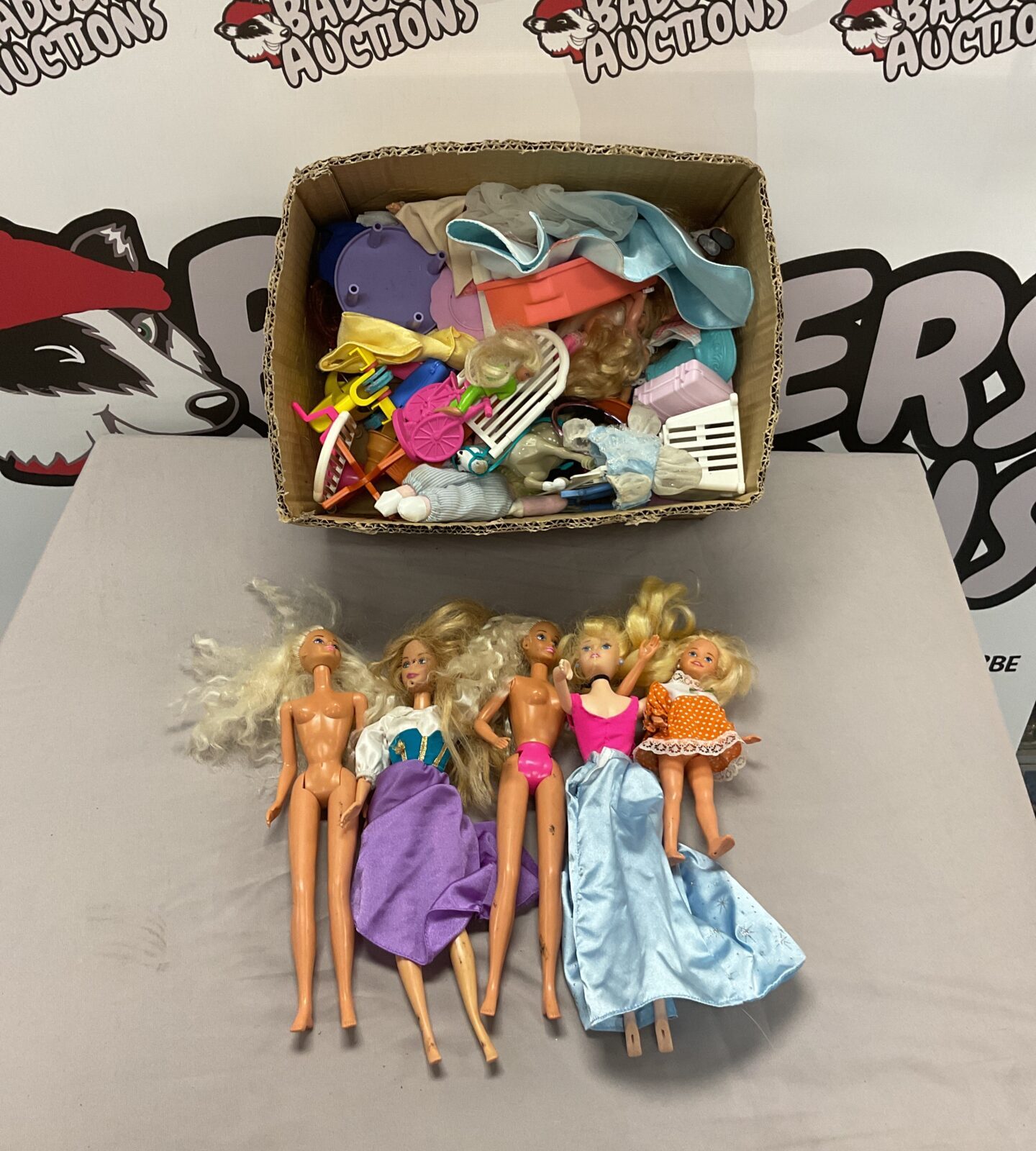 Box of Barbie doll figures, clothing and accessories