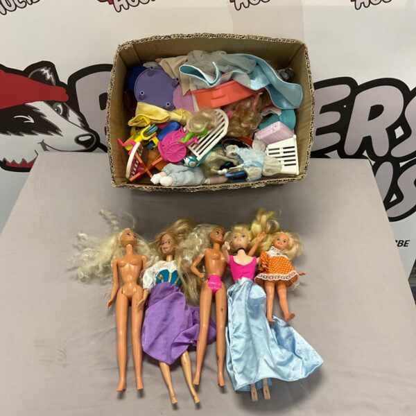 Box of Barbie doll figures, clothing and accessories